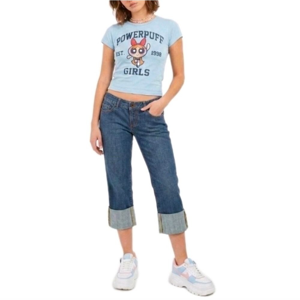 Y2K Women's Express X2 Denim Cuffed Capri Jeans Dark Blue Wash Midrise Size 6